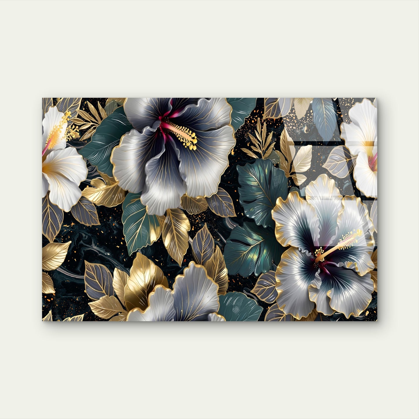 Dark Luxury Gold Hibiscus Floral Rose  Acrylic Glass Printing Wall Art Australian Made Quality