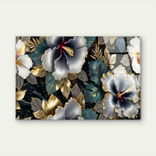 Dark Luxury Gold Hibiscus Floral Rose Acrylic Glass Printing Wall Art Australian Made Quality
