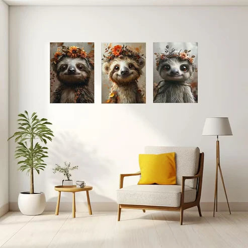 3pcs Cute Autumn Sloth Flower Crown Wall Art Set Canvas Framed 50x70cm - High Quality Print 100% Australian Made Wall Canvas Ready to Hang - Bella Home Decor