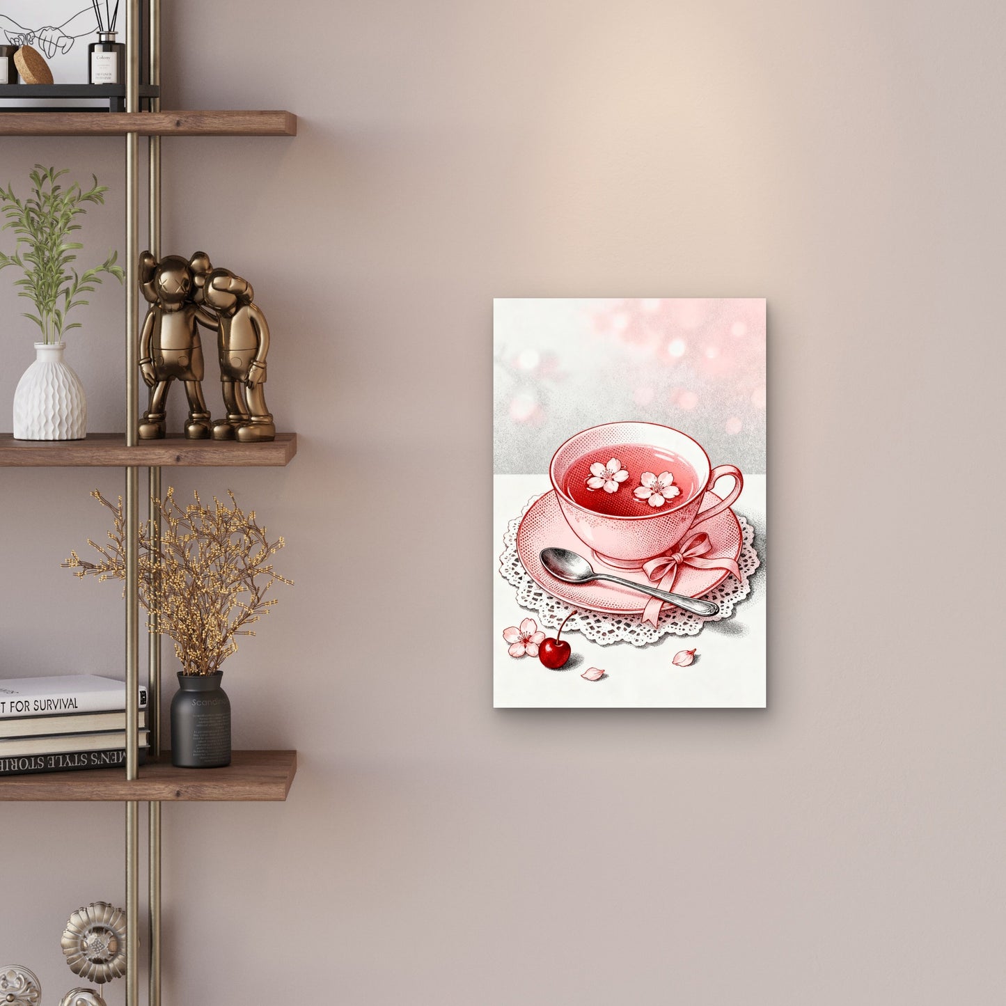 Delicate Pink Tea With Floating Sakura Petals Cherry 40x60cm Metal Print Ready to Hang