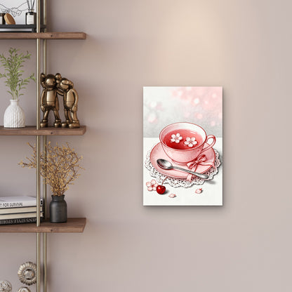 Delicate Pink Tea With Floating Sakura Petals Cherry 40x60cm Metal Print Ready to Hang
