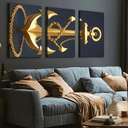 3pcs Modern Stylish Golden Anchor Art Shiny Wall Art Set Canvas Unframed - High Quality Print 100% Australian Made Wall Canvas