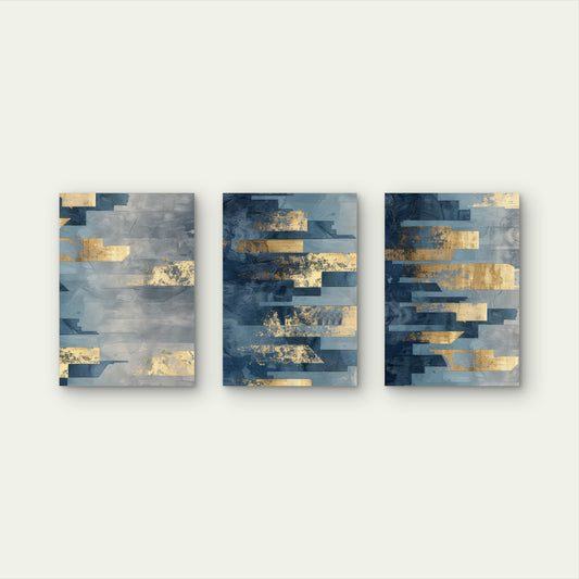 3pcs Modern Luxury Navy Blue Gold Abstract  Wall Art Set Canvas Framed 40x60cm - High Quality Print 100% Australian Made Wall Canvas Ready to Hang