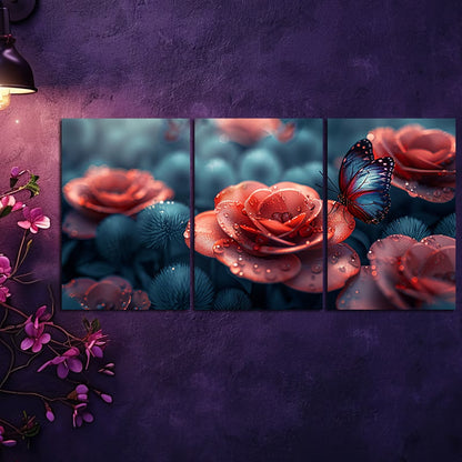3pcs Pink Rose and Butterfly Wall Art Set Canvas Framed 60x90cm - High Quality Print 100% Australian Made Wall Canvas Ready to Hang