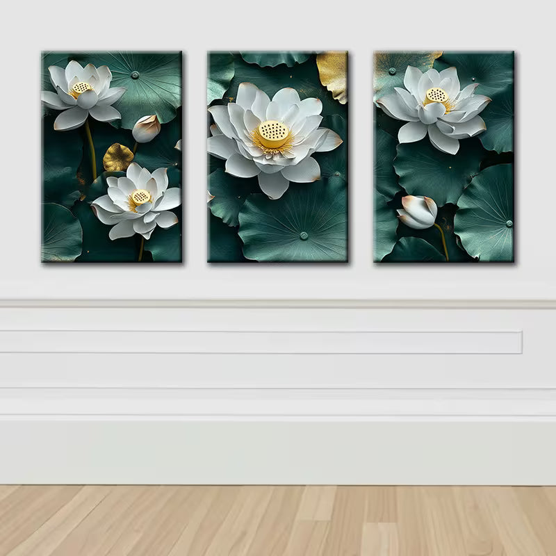 3pcs White Lotus leaves Wall Art Set Canvas Framed 40x60cm - High Quality Print 100% Australian Made Wall Canvas Ready to Hang