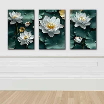 3pcs White Lotus leaves Wall Art Set Canvas Framed 40x60cm - High Quality Print 100% Australian Made Wall Canvas Ready to Hang