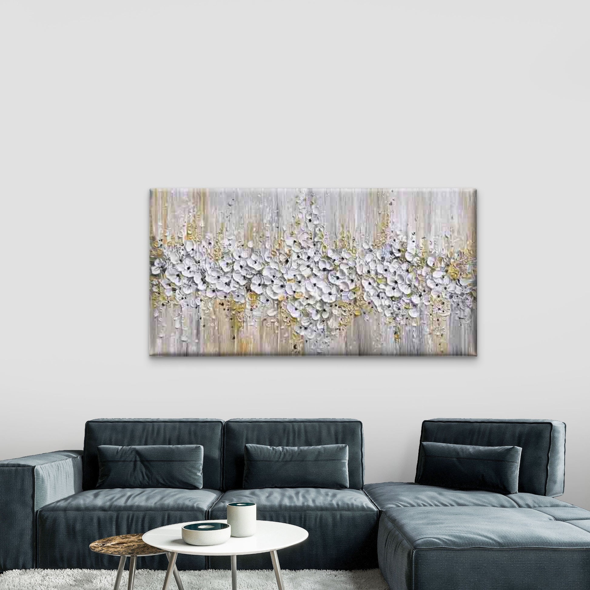 Abstract White Flowers Painting Wall Art Canvas Office Home Room Framed 120x60cm - Bella Home Decor