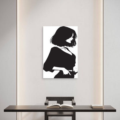 Minimalist Black White Anime Woman Silhouette 40x60cm Metal Print Ready to Hang