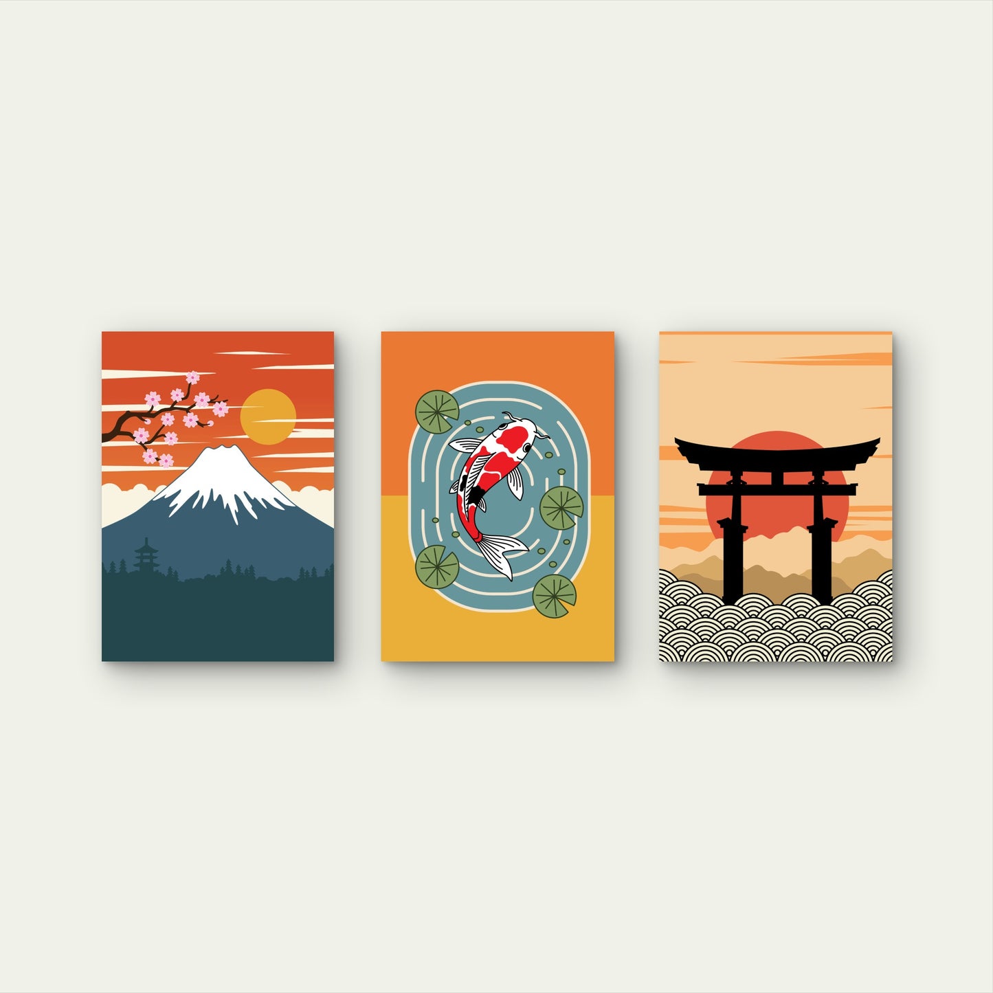 3pcs Japanese Mount Fuji Koi Fish Retro Zen Wall Art Set Canvas Framed 50x70cm - High Quality Print 100% Australian Made Wall Canvas Ready to Hang