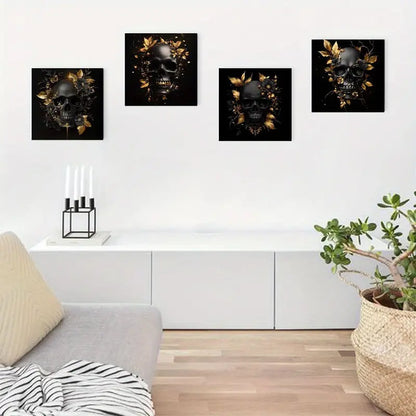 4pcs Skull and Golden Floral Themed SG   Wall Art Canvas Framed