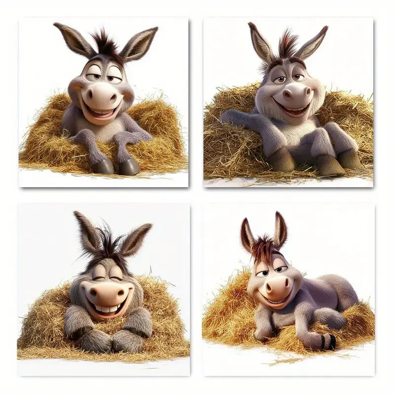 4pcs Happy Donkey Picture HD Wall Art Canvas Framed