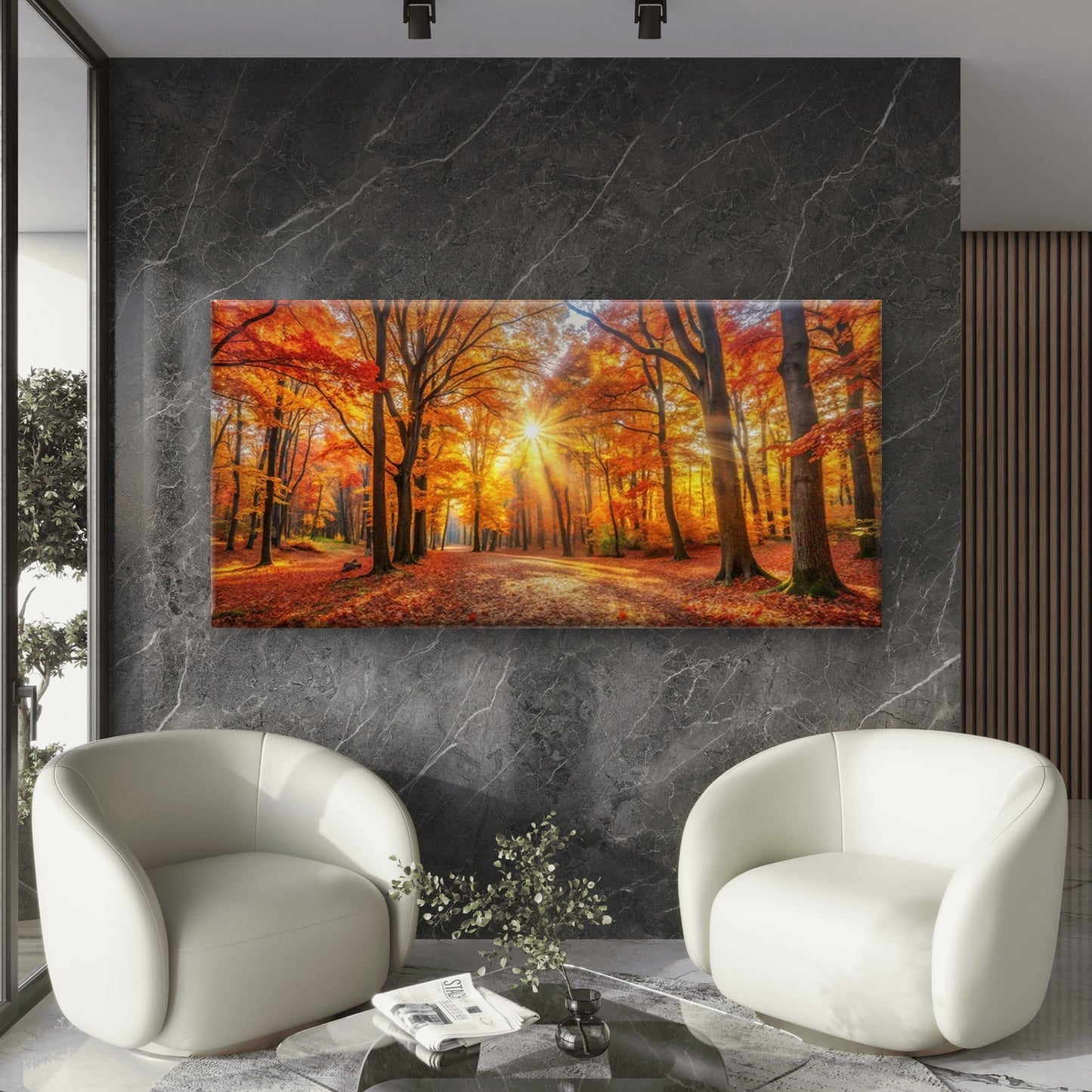 Golden Autumn Forest Path Wall Art Canvas Office Home Room Framed 120x60cm