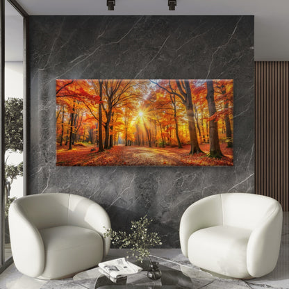 Golden Autumn Forest Path Wall Art Canvas Office Home Room Framed 120x60cm