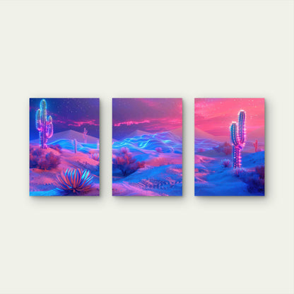 3pcs Neon Fantasy Landscapes With Surreal Nature Metal Print Ready to Hang Art