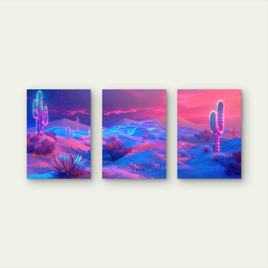 3pcs Neon Fantasy Landscapes With Surreal Nature Metal Print Ready to Hang Art - Bella Home Decor