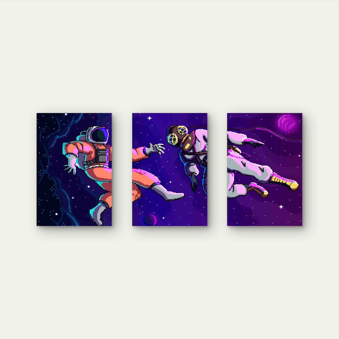 3pcs Retro 8-Bit Pixel Art Astronaut Deep Sea Dive Metal Print Ready to Hang Art