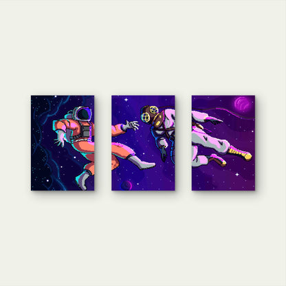 3pcs Retro 8-Bit Pixel Art Astronaut Deep Sea Dive Metal Print Ready to Hang Art