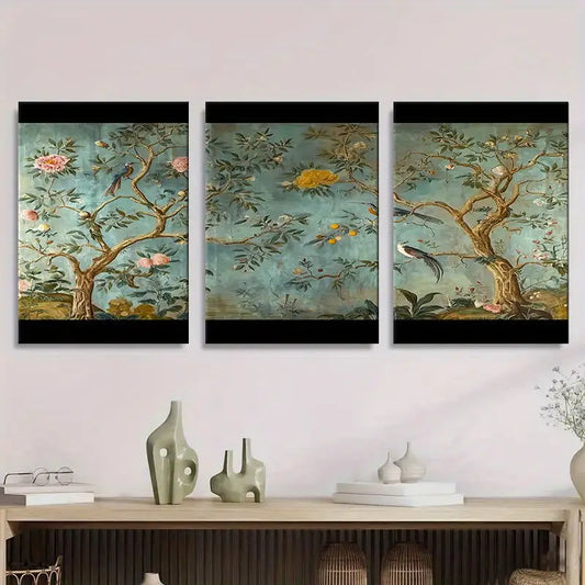 3pcs Antique Chinoiserie Bird & Flower Painting Metal Print Ready to Hang Art