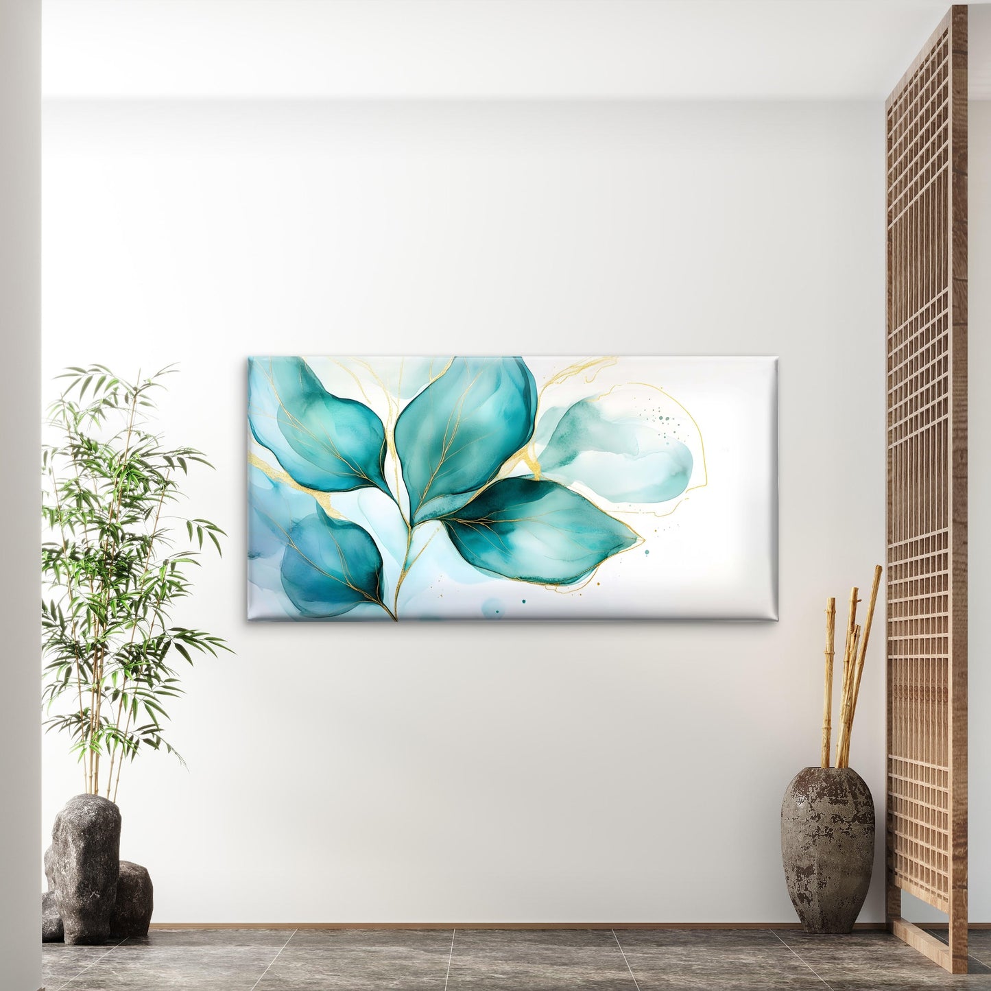 Golden Veined Teal Leaves Wall Art Canvas Office Home Room Framed 120x60cm - Bella Home Decor