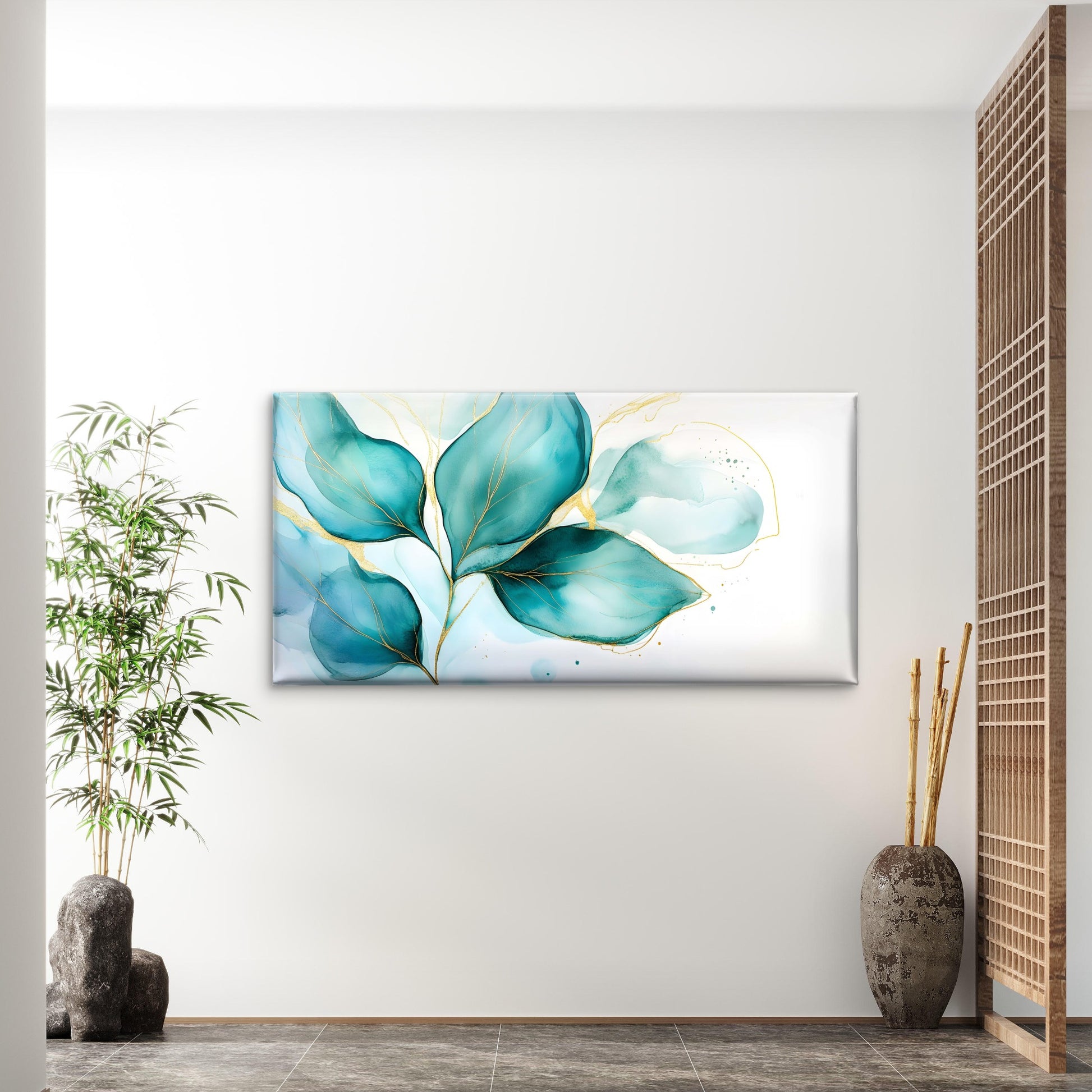 Golden Veined Teal Leaves Wall Art Canvas Office Home Room Framed 120x60cm - Bella Home Decor