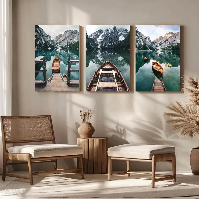 3pcs Mountain Lake Wooden Boats Metal Print Ready to Hang Art