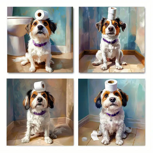 4pcs Funny Dog Toilet Paper Wall Art Canvas Framed