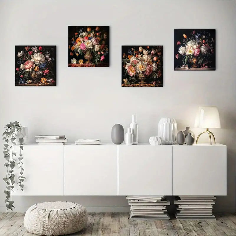 4pcs Roses, Tulips, And Lilies Wall Art Canvas Framed