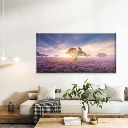Misty Purple Heather Fields Sun Wall Art Canvas Office Home Room Framed 120x60cm