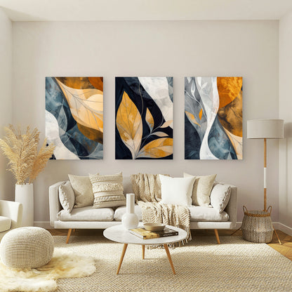 3pcs Abstract Golden Leaf Navy Blue  Wall Art Set Canvas Framed 50x70cm - High Quality Print 100% Australian Made Wall Canvas Ready to Hang