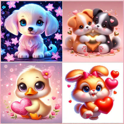 4pcs Cute Puppy,Kitty,Duckling, Bunny With Heart Wall Art Canvas Framed