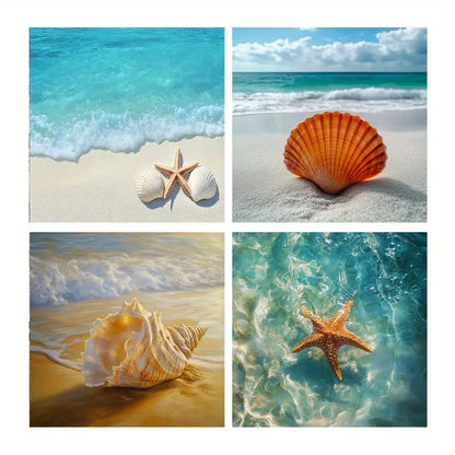 4pcs Sandy Beach,Starfish,Seashells,Sea Wall Art Canvas Framed