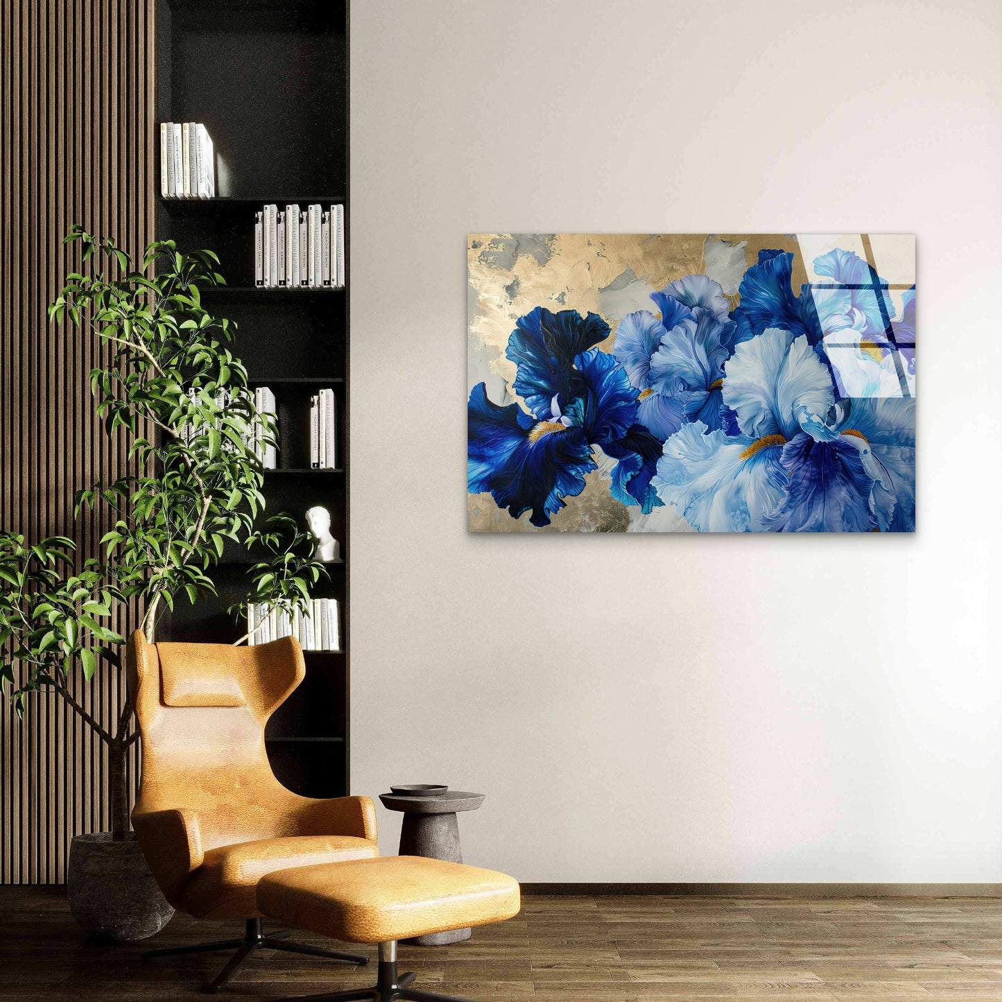 Blue Iris Gold Blossom Acrylic Glass Printing Wall Art Australian Made Quality