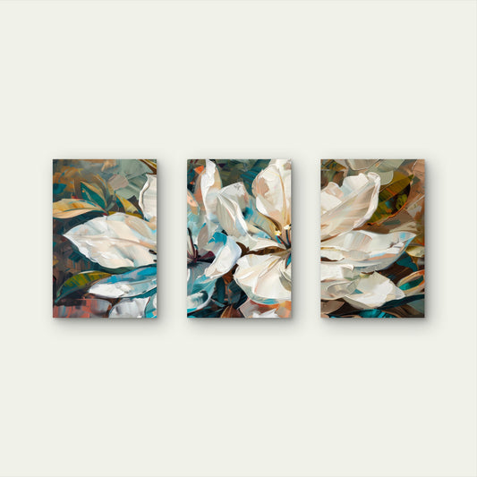 3pcs Abstract White Magnolia Flower Painting Wall Art Set Canvas Framed 50x70cm - High Quality Print 100% Australian Made Wall Canvas Ready to Hang