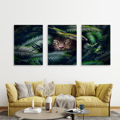 3pcs Leopard Peeking from Palm Leaves Metal Print Ready to Hang Art - Bella Home Decor