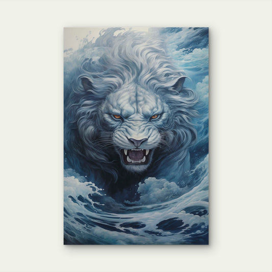 White Lion Roaring Ocean 40x60cm Metal Print Ready to Hang