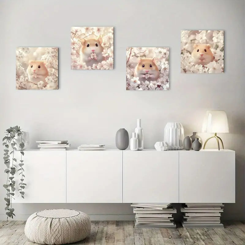 .4pcs  Cute Hamster in Floral Wreath HW  Wall Art Canvas Framed
