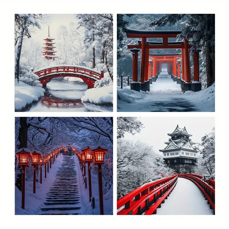 4pcs Red Bridge & Pagoda Winter Wall Art Canvas Framed