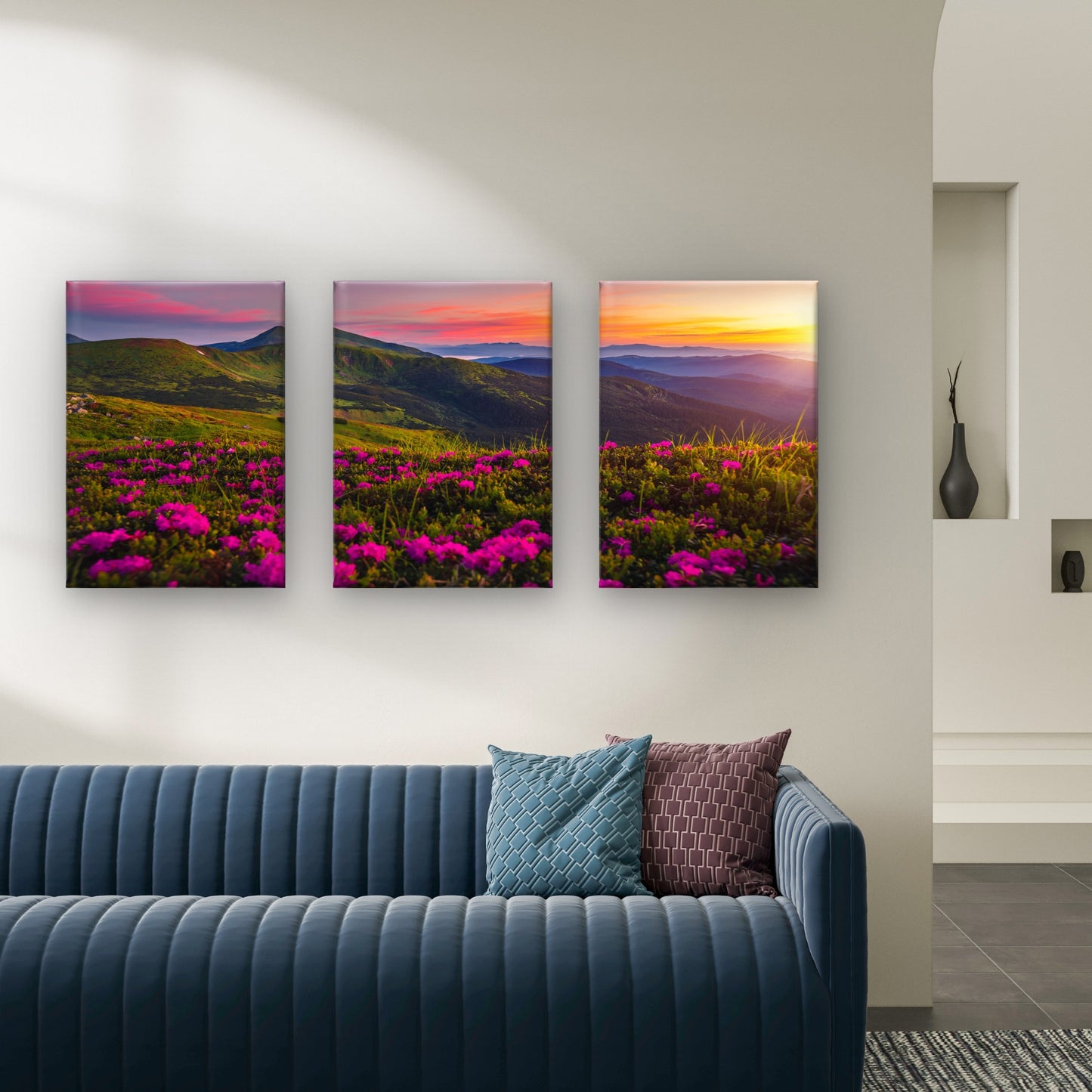 3pcs Wildflower Mountain Sunset Purple Field Wall Art Set Canvas Framed 40x60cm - High Quality Print 100% Australian Made Wall Canvas Ready to Hang