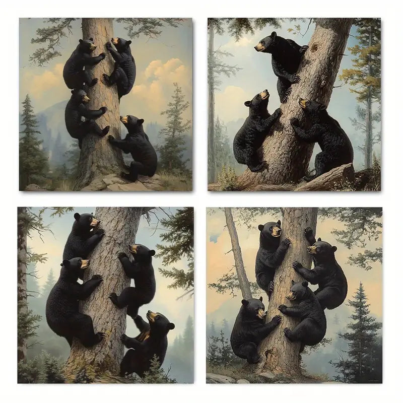 4pcs Paintings Brown Bear    Wall Art Canvas Framed