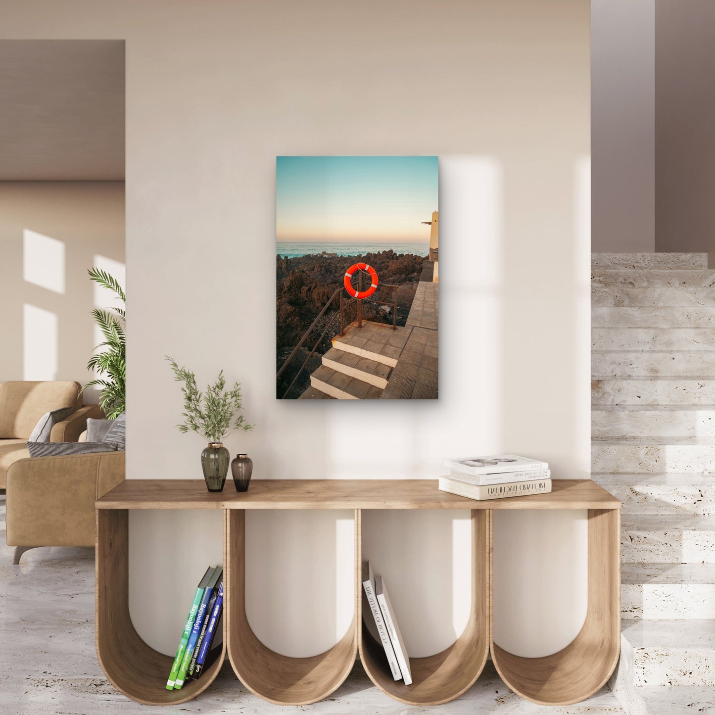Lifeguard Station At A Rocky Beach At Sunset 40x60cm Metal Print Ready to Hang
