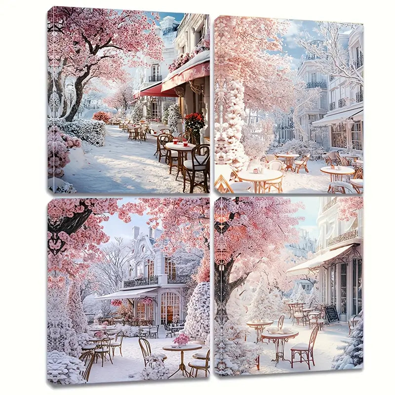 4pcs A Parisian Cafe In The Snow Covered Wall Art Canvas Framed - Bella Home Decor