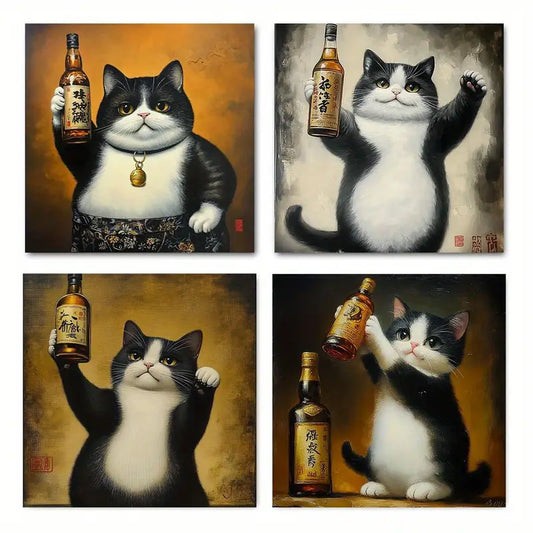 4pcs Adorable Cute Cat Wall Art Canvas Framed