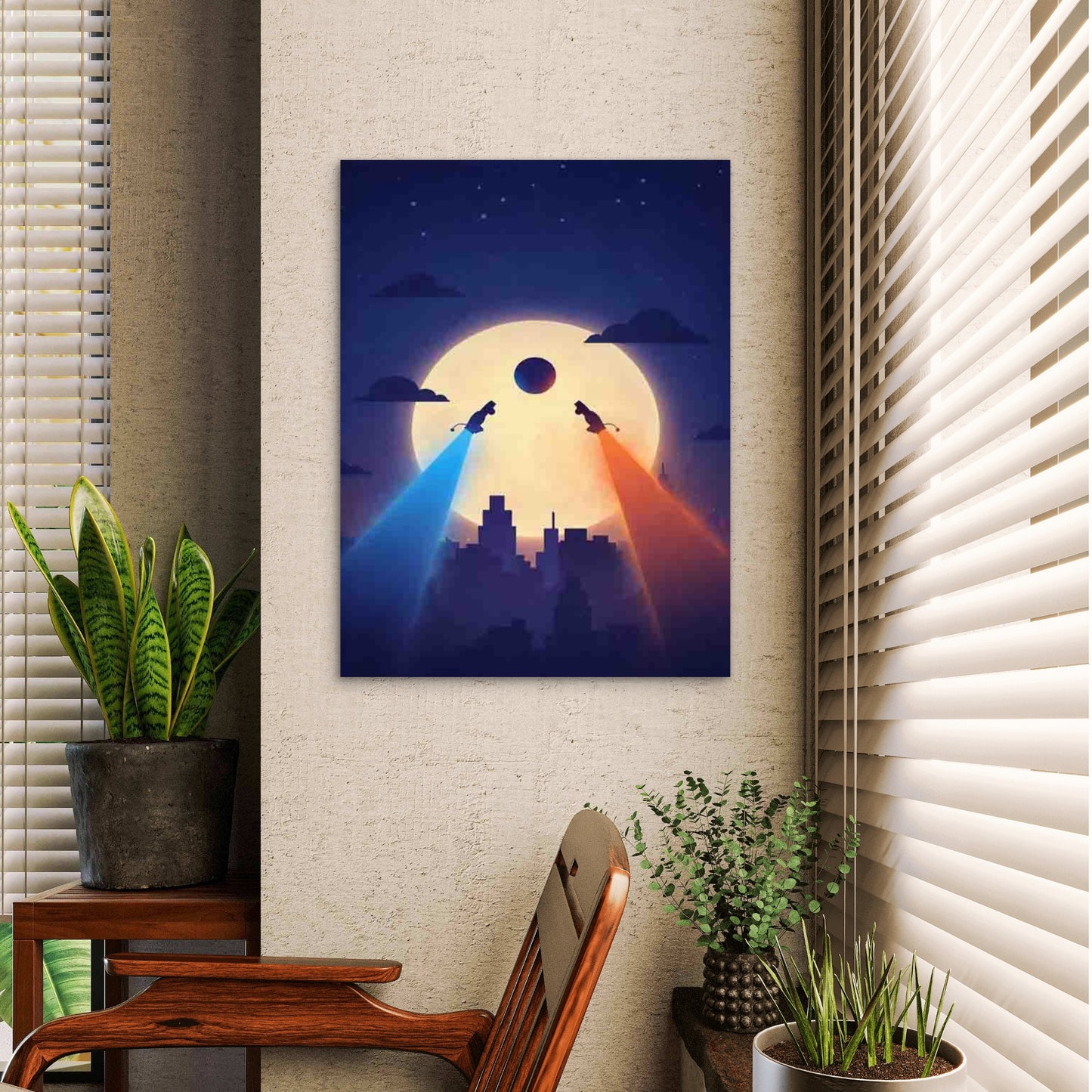 City Moon Lights with & Orange Glow 60x90cm Metal Print Ready to Hang - Bella Home Decor