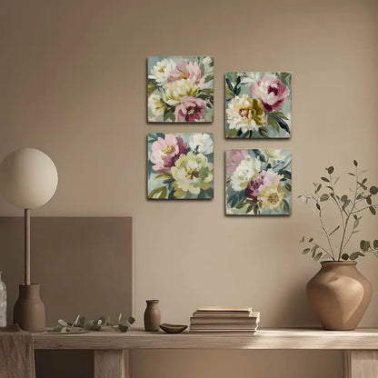 4pcs Green,Pink And White Flower Assent Wall Art Canvas Framed