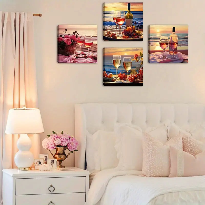 4pcs Romantic Beach Sunset Wine Glass & Fruit Wall Art Canvas Framed