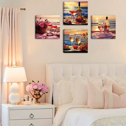 4pcs Romantic Beach Sunset Wine Glass & Fruit Wall Art Canvas Framed