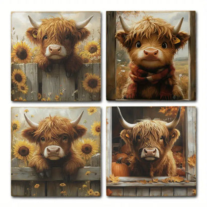 4pcs  Baby Highland Cow Wall Art Canvas Framed