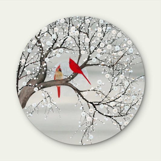 Grey White Flower Blossoming Red Bird Couple Acrylic Glass Rounded Print Tempered Glass Wall Art 100% Made in Australia Ready to Hang