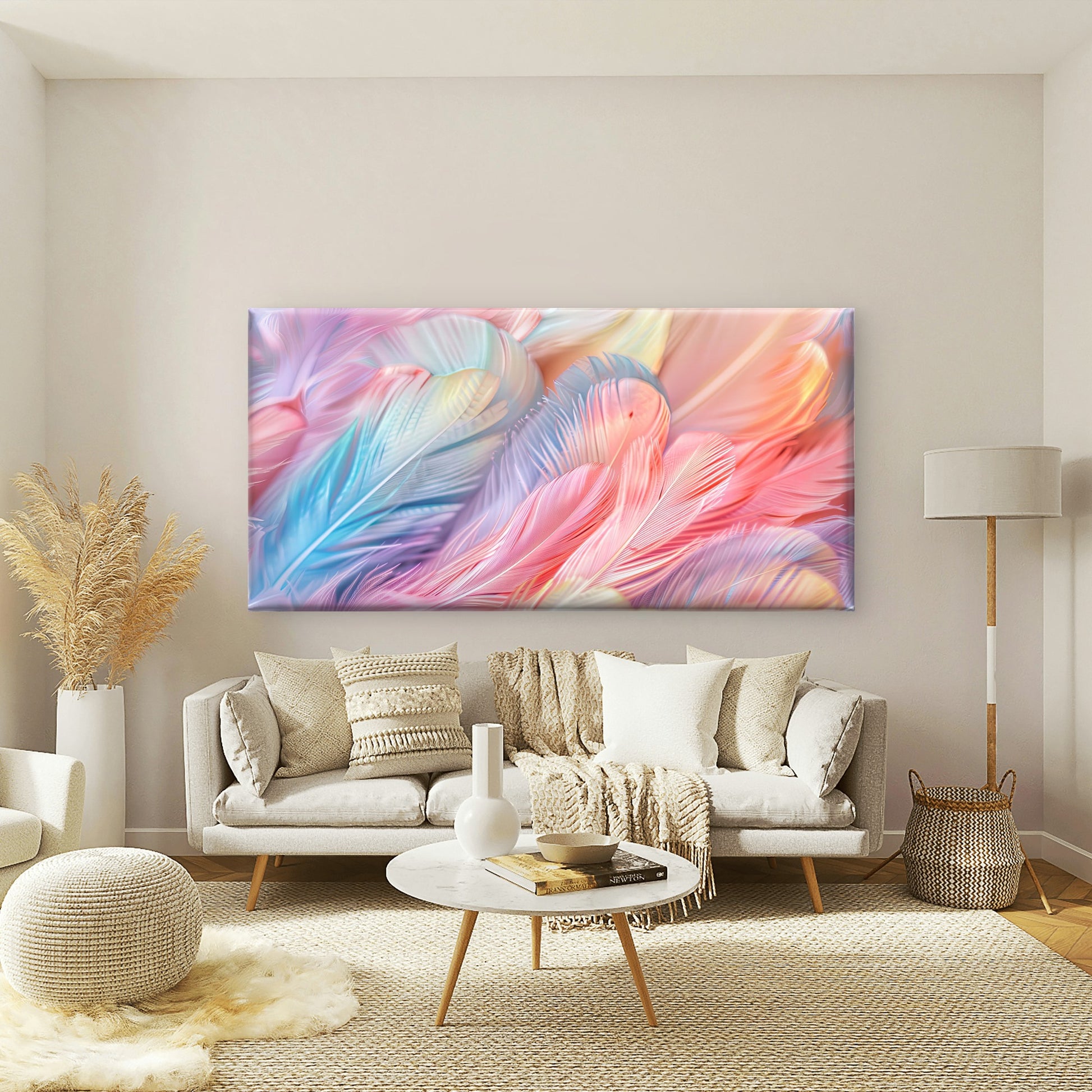 Abstract Pastel Feather Wall Art Canvas Office Home Room Framed 120x60cm - Bella Home Decor