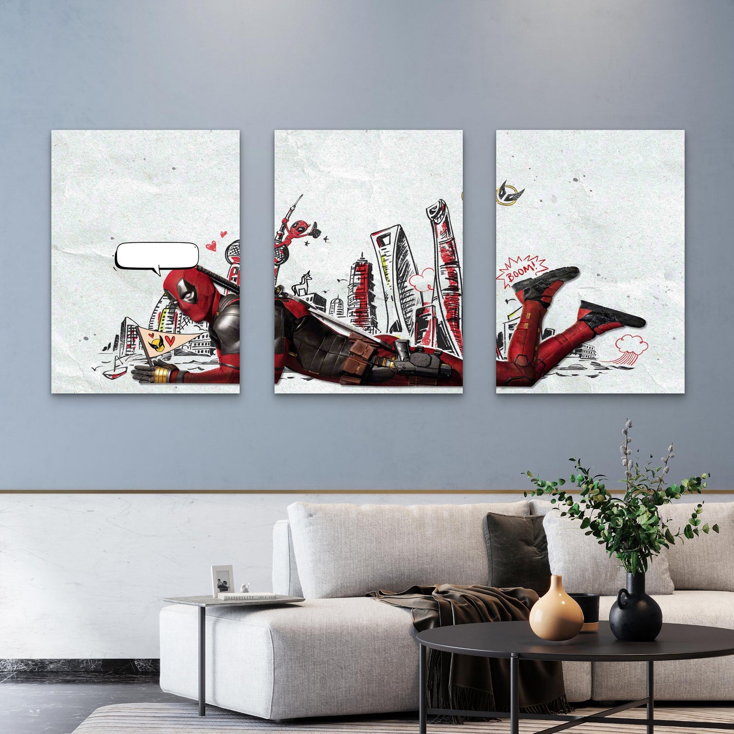 3pcs Red & Black Masked Mercenary Urban Doodle Metal Print Ready to Hang Art